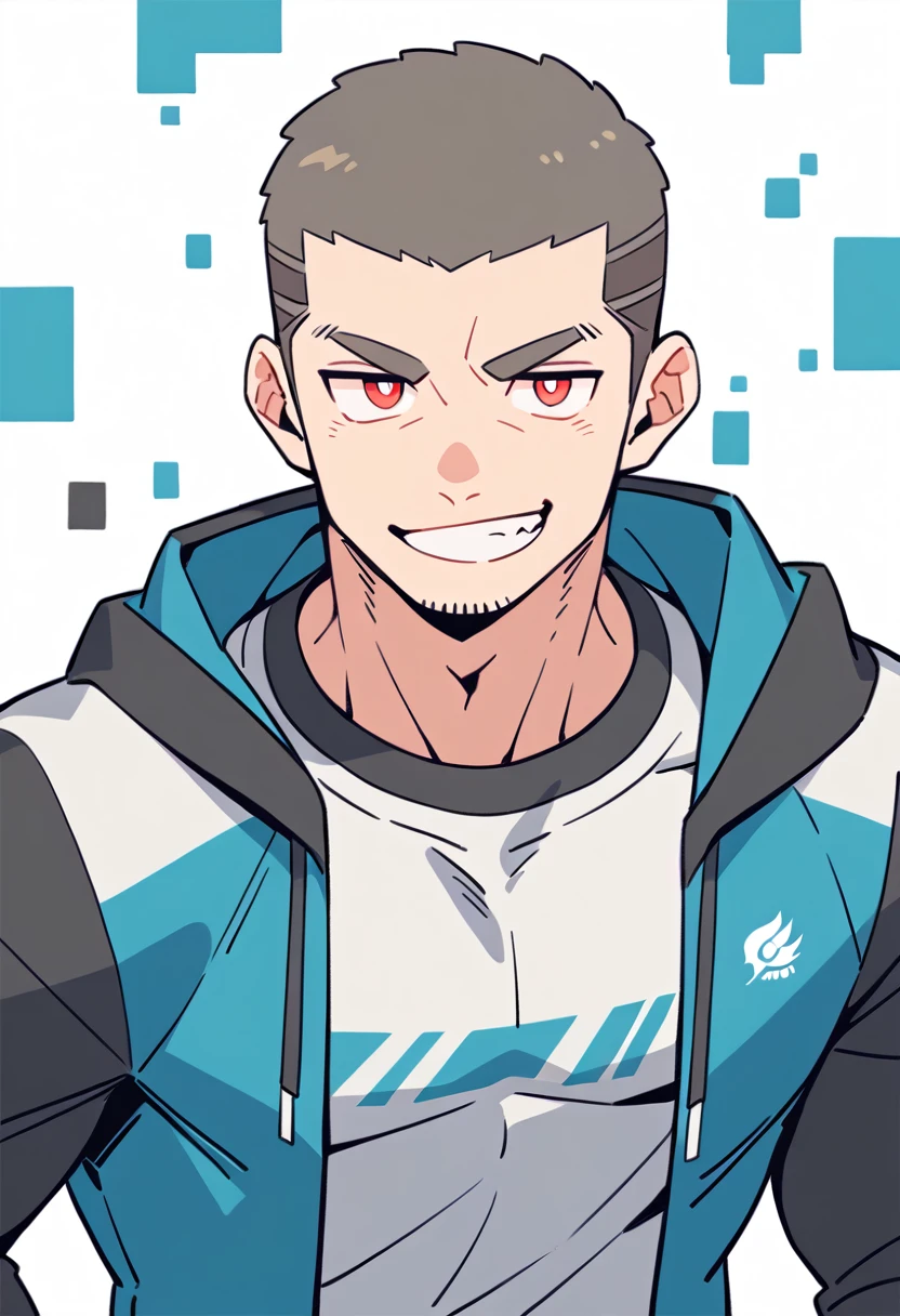 anime characters:Priapus, Muscle Sports Student, Buzz Cut, Manliness, male focus, Sports tight hooded sweatshirt, Very tight, full and perky chest muscles, muscular male, muscular, only, Upper body, alone, Red short hair, Thick eyebrows, stubble, Brown-red pupils, White background, simple background, amazing quality, best aesthetics, Ridiculous, crew cut, smirk, bright pupils, grin, negative space, negative space, best quality