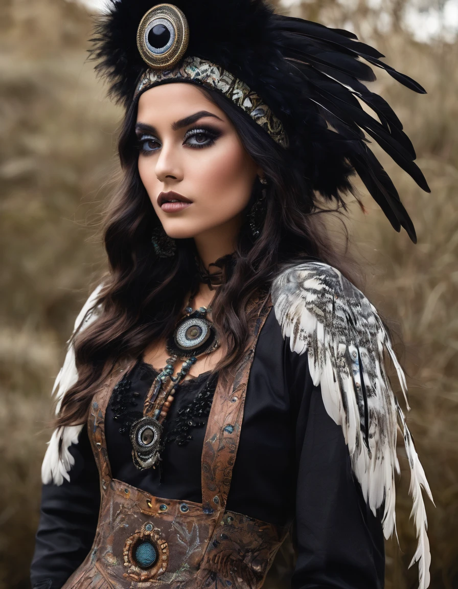 ### Clothing for Karen Inspired by the Owl with Gothic Elements, rockers, Colombian Metalheads and Indigenous People

**1. Main Clothing:**

- **top:** 
  - **design:** Black velvet tight corset, with embroidered details of owl feathers in brown and gray tones. 
  - **Details:** Dark lace on the edges and small mother-of-pearl buttons on the front.
  - **blouse:** blouse de malla negra con mangas largas ajustadas que añaden un toque gótico.

- **Skirt:**
  - **design:** Skirt asimétrica de tul y encaje en capas, in dark tones (negro, Brown).
  - **Details:** Embroidery of feathers and owl eyes, with fique fabric details on the edges to represent the indigenous connection. The front part is shorter, showing high boots, while the back is long and flowing.

- **layer:**
  - **design:** layer larga de terciopelo negro con capucha, bordeada con plumas artificiales de lechuza in dark tones.
  - **Details:** Embroidery of Colombian indigenous symbols, adding a cultural touch.

**2. Accessories:**

- **touched:**
  - **design:** Gothic headband with owl feathers and small glass eyes.
  - **Details:** Includes braided leather details and indigenous colored beads.

- **necklaces y bracelet:**
  - **necklaces:** necklaces de múltiples capas con colgantes de lechuza y símbolos indígenas.
  - **bracelet:** bracelet de cuero y metal con detalles grabados y pequeños colgantes de plumas y ojos de lechuza.

- **shoes:**
  - **design:** Black military boots with metal buckle details and feather embroidery and owl eyes on the sides.

**3. make-up:**

- **eyes:** Sombras de ojos in dark tones y tierra, with dramatic eyeliner that imitates the big eyes of an owl. A touch of shine in the eyes to simulate the intense gaze of the bird.
- **Lips:** Lips en un tono rojo oscuro o burdeos, adding a gothic contrast.

**4. Details Adicionales:**

- **feathers:** small feathers 