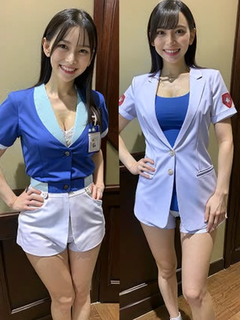 (8k, RAW Photos, Highest quality, masterpiece: 1.2), (Realistic, photoRealistic: 1.37), Very detailed, Ultra-high resolution, Girl 1, , Beautiful and elaborate face, smile, teeth, (Feather Cut: 0.6), Nurse uniform, panties, Professional Lighting, Detailed room, indoor, hospital、district、Full body photo, Neat、Whole Body Ezbian、Cleavage
