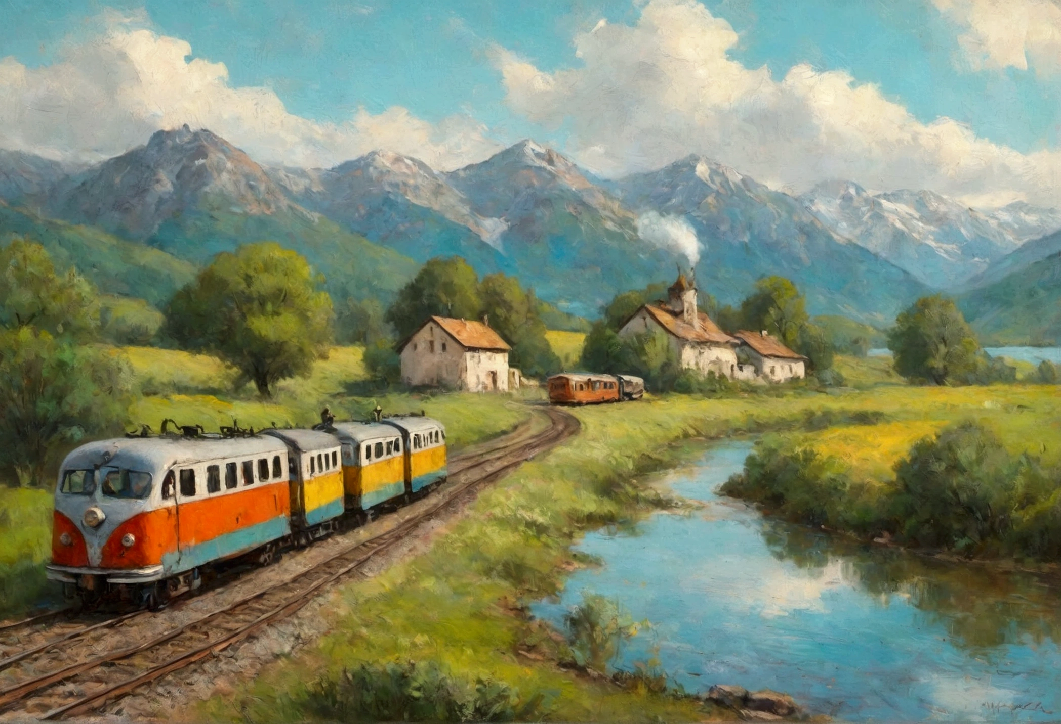 Railroad, countryside on the waterside of a small lake mountain lake, award-winning, professional, highly detailed in, undefined,. Include vibrant pastel colors, sleek lines, and a retro summer atmosphere. The style should be reminiscent of vintage travel posters with a modern twist, mphasize the fluidity and movement of the dream world through dynamic brushstrokes and abstract forms