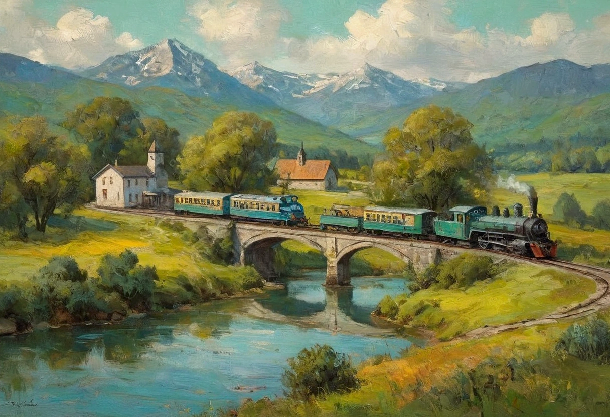 Railroad, countryside on the waterside of a small lake mountain lake, award-winning, professional, highly detailed in, undefined,. Include vibrant pastel colors, sleek lines, and a retro summer atmosphere. The style should be reminiscent of vintage travel posters with a modern twist, mphasize the fluidity and movement of the dream world through dynamic brushstrokes and abstract forms