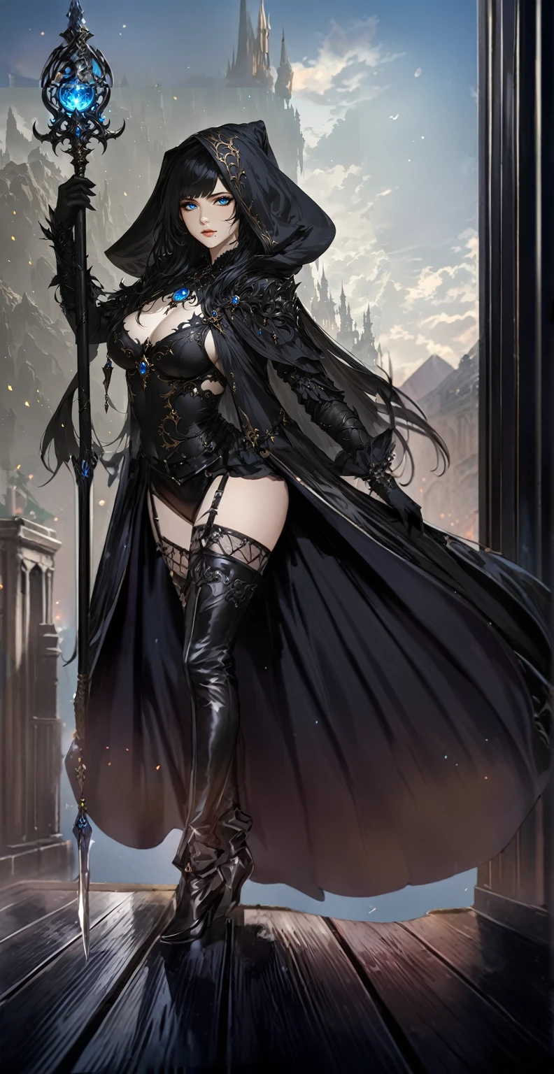 masterpiece, best quality, good quality, Fantasy Aesthetic, Highly detailed, shadowverse style, female, blue eyes, black hair, sorcerer, goth