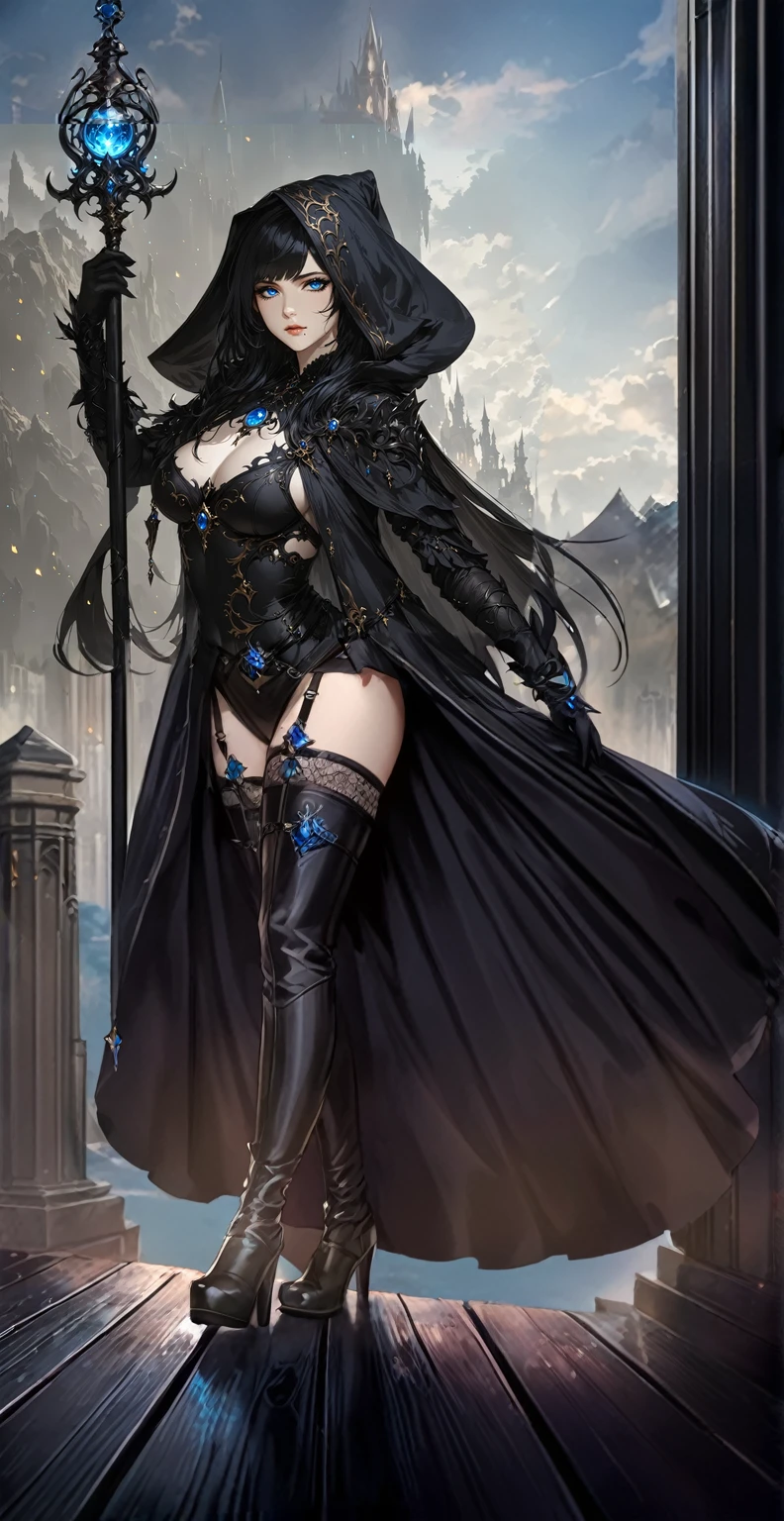 masterpiece, best quality, good quality, Fantasy Aesthetic, Highly detailed, shadowverse style, female, blue eyes, black hair, sorcerer, goth