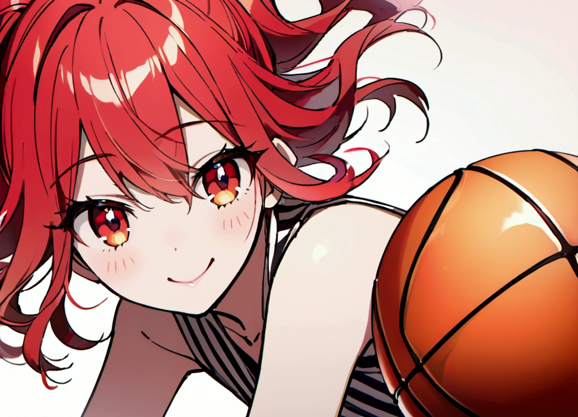 Red hair, plays basketball, smiles