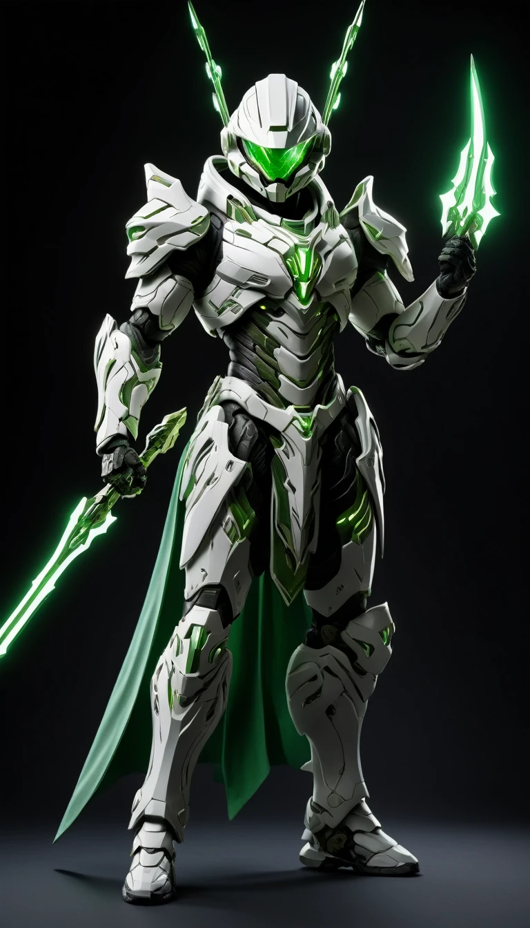 Masterpieces, Holy White Knight, Action style shot, (Battle Priest in a warframe and halo style armor wielding a bow imbued with green radiant light, emanating potent light magic.), (green white, silver color scheme), (white hood and cape), (action shot: holding a bow), (quiver on back), white and green tabard (solid color background), centered, full body shot, (dynamic action stance pose), sci-fi knight, Halo master chief, vibrant colors, visible figure joints, cinematic shot, volumetric lighting, intricate pattern detail, highly detailed