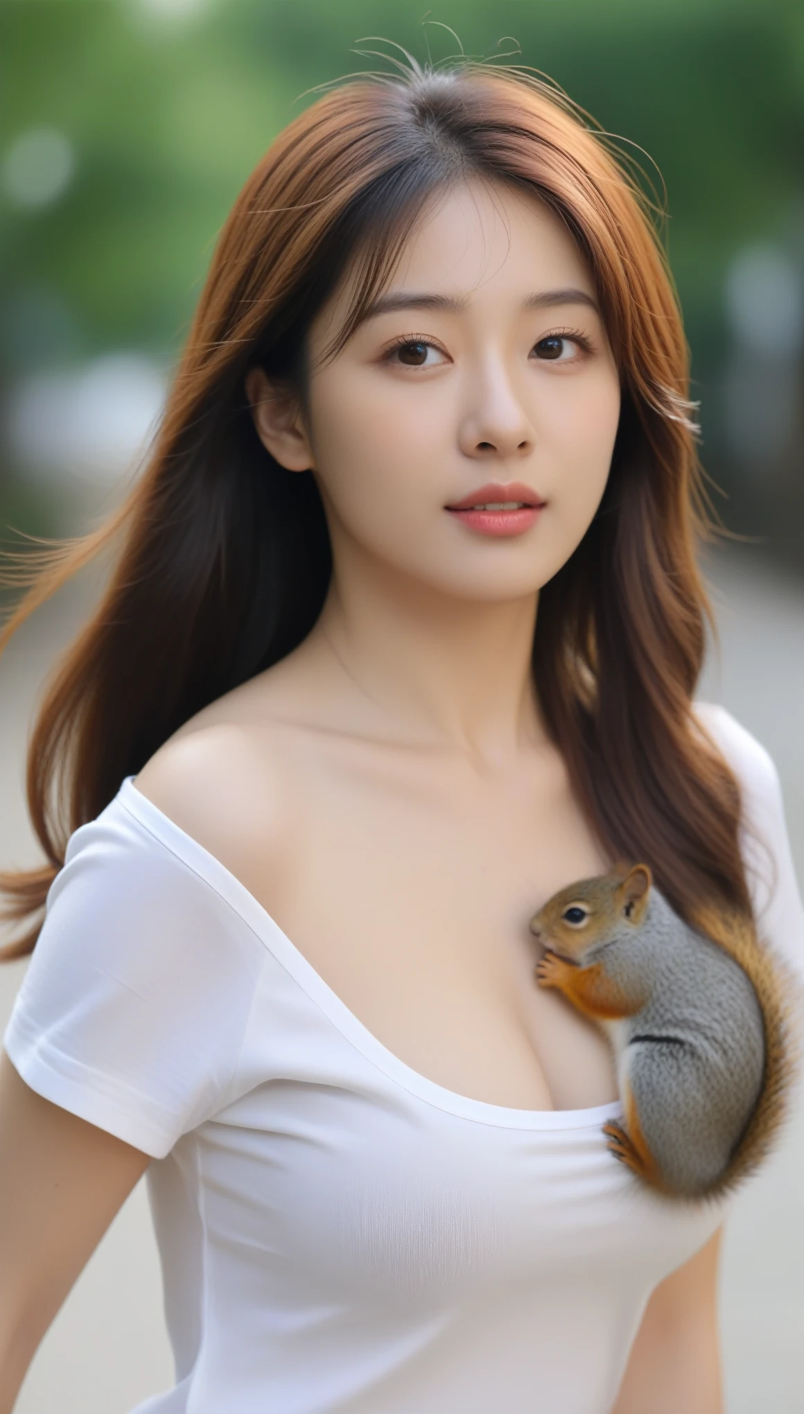 extreme close-up of beautiful beautiful korean female, 34 inch breasts size, wearing t-shirt, dynamic pose, squirrel on her shoulder, bokeh background, cinematic scene, UHD