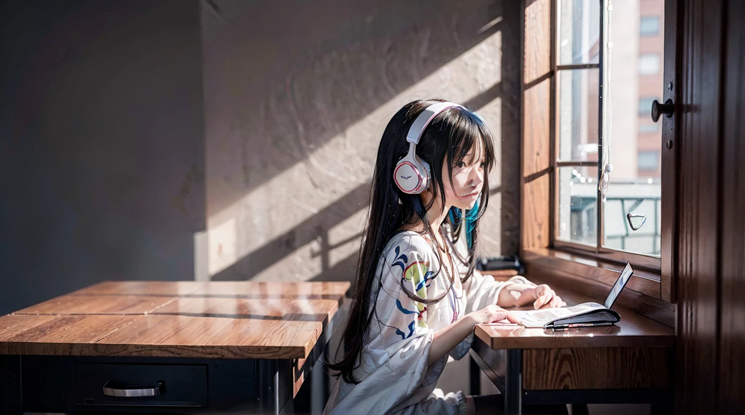 Anime girl sitting at a desk with headphones on and writing, Anime Style 4 k, Digital anime illustration, Digital anime art, Anime Style. 8k, Anime Moe Art Style, anime art wallpaper 4k, anime art wallpaper 4k, Anime Style illustration, Smooth anime CG art, detailed Digital anime art, Anime Art Wallpapers 8K, Realistic Anime 3D Style