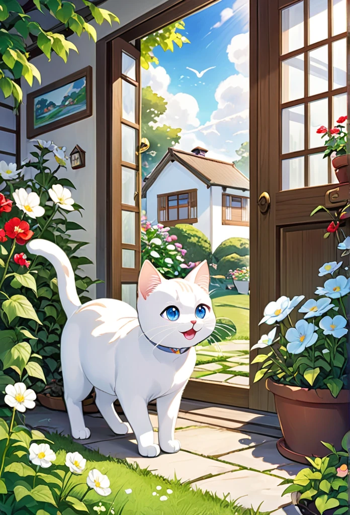 White cat milk regains energy、Enjoy a new adventure。Milk happily explores the garden and the house.、It shows how excited he is.。Full of adventure、Express your joy at new experiences while feeling the recovery from your previous illness.。
