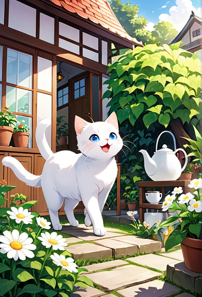 White cat milk regains energy、Enjoy a new adventure。Milk happily explores the garden and the house.、It shows how excited he is.。Full of adventure、Express your joy at new experiences while feeling the recovery from your previous illness.。