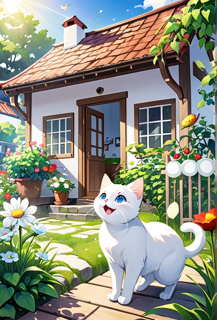 White cat milk regains energy、Enjoy a new adventure。Milk happily explores the garden and the house.、It shows how excited he is.。Full of adventure、Express your joy at new experiences while feeling the recovery from your previous illness.。