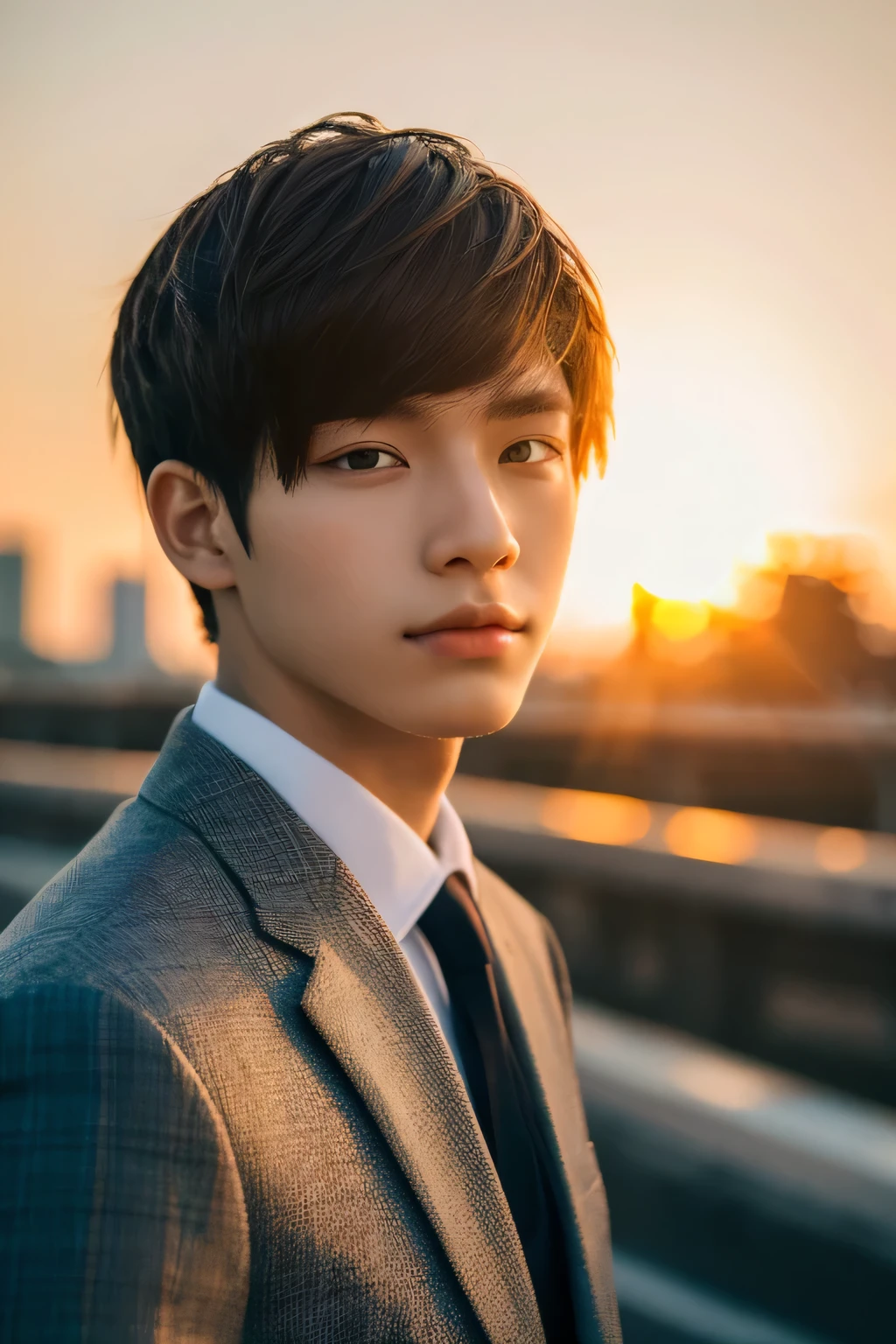 Highest quality, masterpiece, Ultra-high resolution, (Realistic: 1.4), Original photo, wallpaper, Head Photo, skin, Simple Background, Iris, detailed, Selfie, 1 boy, 18-year-old, good looking, Wind,Sunset、suit