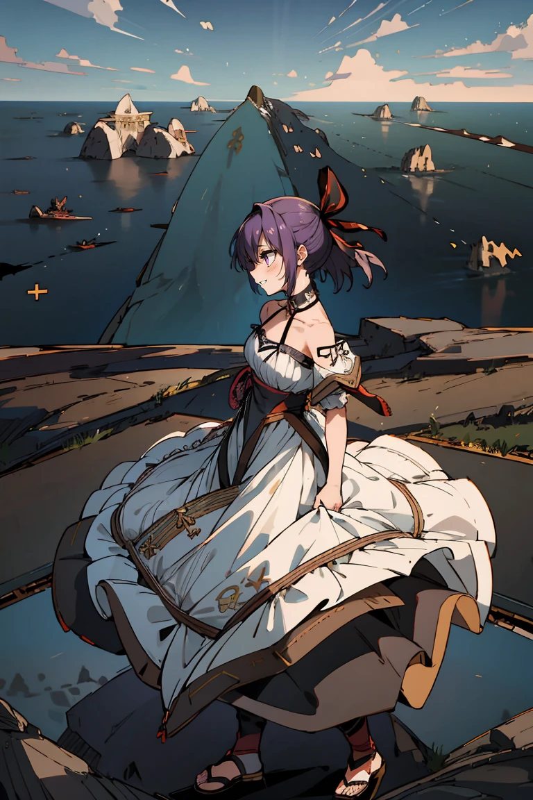 (masterpiece:1.2), (high quality:1.2), reo mikage, blue lock, girls with((1girl, solo, purple hair, (medium hair, right swept bangsone side up, hair ribbon, hair bow:1.55), bare shoulder, blush, breasts, choker, cleavage, cowboy shot, collar, collarbone, rosary, rosary choker, cross, white clothes, blouse, sleeveless, neck ribbon, big ribbon, cheongsam, cinderella dress, long dress, frill pannier, leggings, boots, sandals, bare feet)), background with((Battlefield, continent, earth, horizon:2.0))