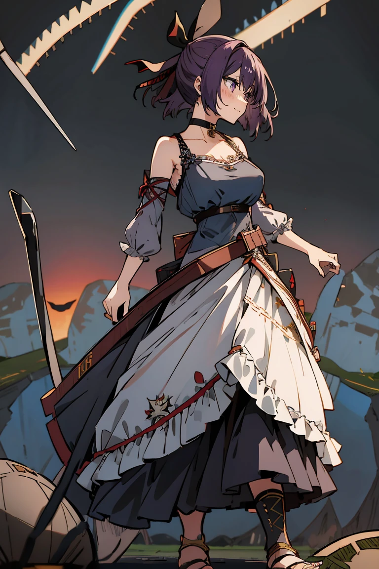 (masterpiece:1.2), (high quality:1.2), reo mikage, blue lock, girls with((1girl, solo, purple hair, (medium hair, right swept bangsone side up, hair ribbon, hair bow:1.55), bare shoulder, blush, breasts, choker, cleavage, cowboy shot, collar, collarbone, rosary, rosary choker, cross, white clothes, blouse, sleeveless, neck ribbon, big ribbon, cheongsam, cinderella dress, long dress, frill pannier, leggings, boots, sandals, bare feet)), background with((Battlefield, continent, earth, horizon:2.0))