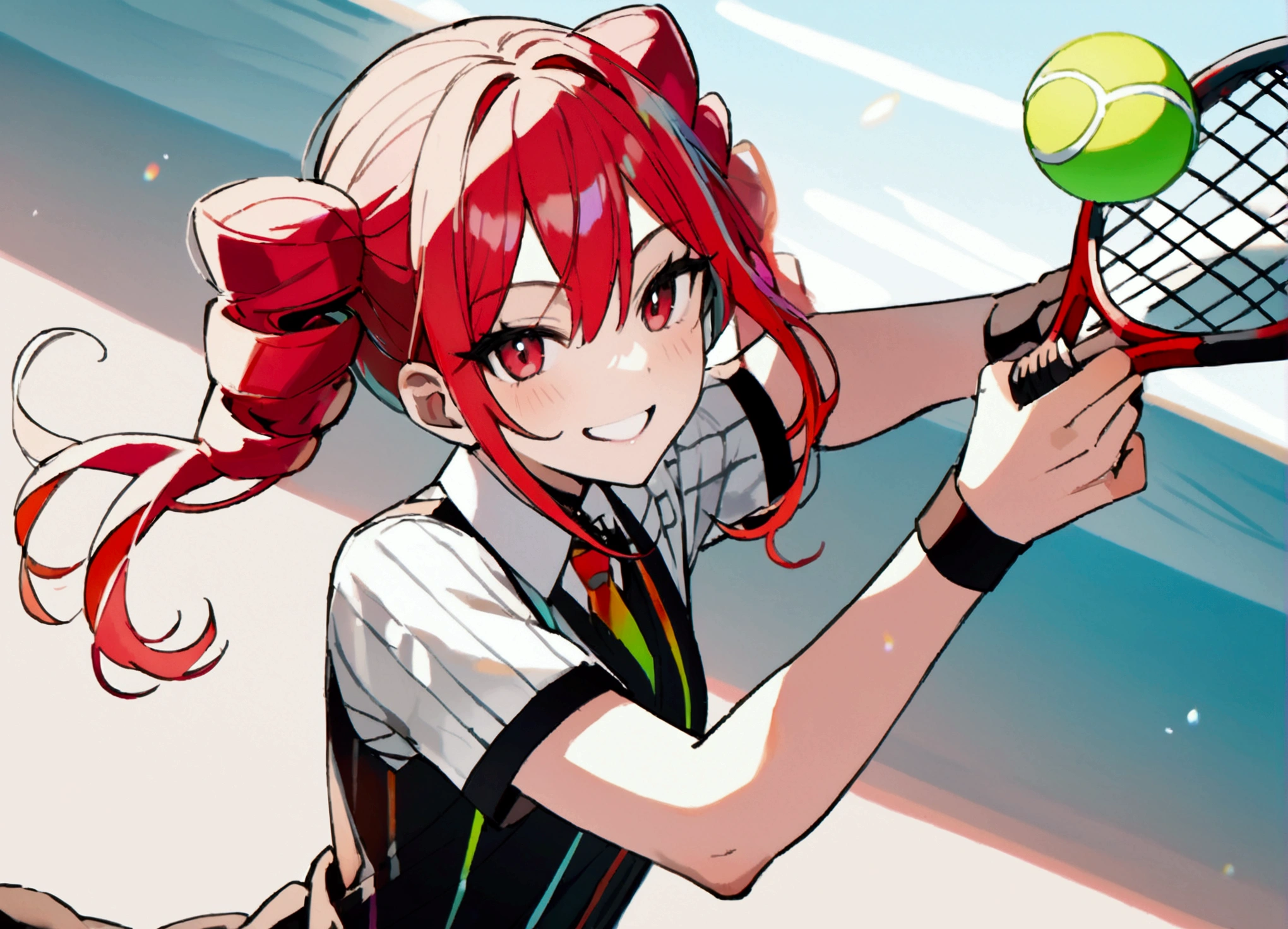 Red hair, plays tennis, smiles