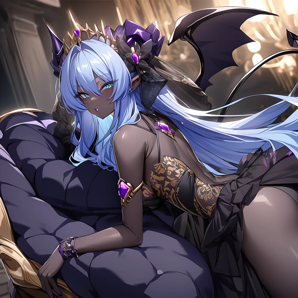 ((Highest quality)), ((masterpiece)), (detailed), (Perfect Face)、The woman was a beautiful, jet-black archdemon with jet-black skin, the evil queen of the demon world, Devil Queen Extia, with medium-long blue hair, wearing a gorgeous black wedding dress with gold embroidery and trim, a black wedding veil, an engagement ring, and luxurious accessories, a beautiful, elegant archdemon, the Demon Queen, lavishly decorated and jeweled.、A beautiful, jet-black-skinned demon with magnificent devil horns, devil wings, and a devil tail.