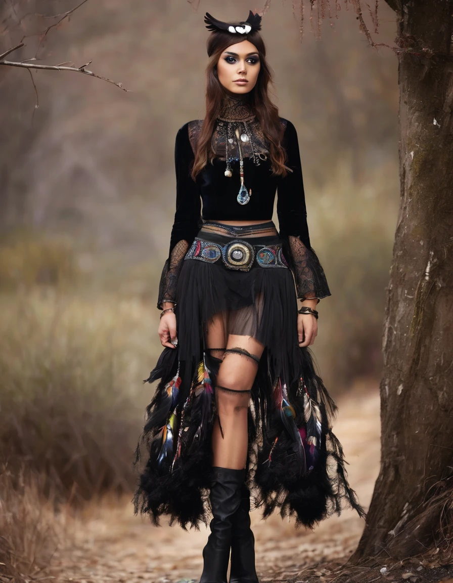 ### Clothing for Karen Inspired by the Owl with Gothic Elements, rockers, Colombian Metalheads and Indigenous People
**1. Main Clothing:**
- **top:**
- **design:** Black velvet tight corset, with embroidered details of owl feathers in brown and gray tones.
- **Details:** Dark lace on the edges and small mother-of-pearl buttons on the front.
- **blouse:** blouse de malla negra con mangas largas ajustadas que añaden un toque gótico.
- **Skirt:**
- **design:** Skirt asimétrica de tul y encaje en capas, in dark tones (negro, Brown).
- **Details:** Embroidery of feathers and owl eyes, with fique fabric details on the edges to represent the indigenous connection. The front part is shorter, showing high boots, while the back is long and flowing.
- **layer:**
- **design:** layer larga de terciopelo negro con capucha, bordeada con plumas artificiales de lechuza in dark tones.
- **Details:** Embroidery of Colombian indigenous symbols, adding a cultural touch.
**2. Accessories:**
- **touched:**
- **design:** Gothic headband with owl feathers and small glass eyes.
- **Details:** Includes braided leather details and indigenous colored beads.
- **necklaces y bracelet:**
- **necklaces:** necklaces de múltiples capas con colgantes de lechuza y símbolos indígenas.
- **bracelet:** bracelet de cuero y metal con detalles grabados y pequeños colgantes de plumas y ojos de lechuza.
- **shoes:**
- **design:** Black military boots with metal buckle details and feather embroidery and owl eyes on the sides.
**3. make-up:**
- **eyes:** Sombras de ojos in dark tones y tierra, with dramatic eyeliner that imitates the big eyes of an owl. A touch of shine in the eyes to simulate the intense gaze of the bird.
- **Lips:** Lips en un tono rojo oscuro o burdeos, adding a gothic contrast.
**4. Details Adicionales:**
- **feathers:** small feathers