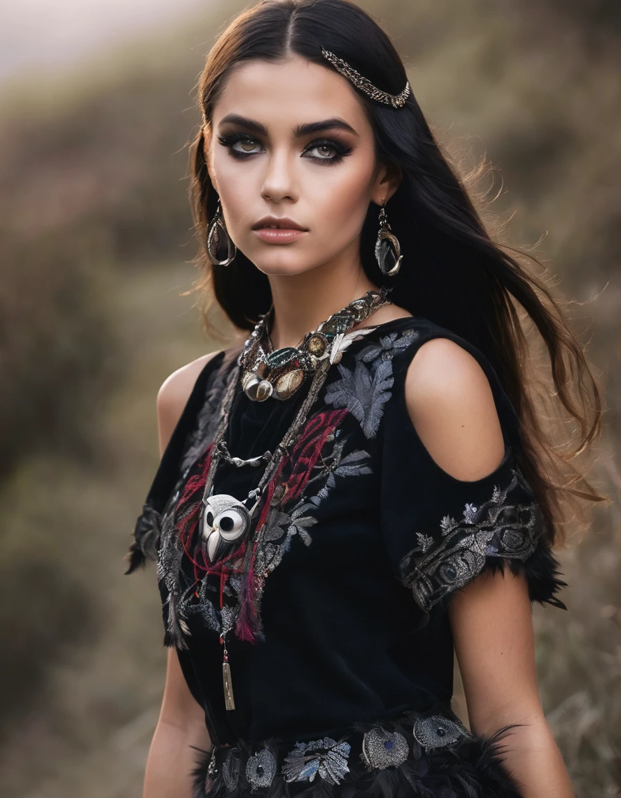 ### Clothing for Karen Inspired by the Owl with Gothic Elements, rockers, Colombian Metalheads and Indigenous People
1. Main Clothing:
- top:
- design: Black velvet tight corset, with embroidered details of owl feathers in brown and gray tones.
- Details: Dark lace on the edges and small mother-of-pearl ons on the front.
- blouse: blouse de malla negra con mangas largas ajustadas que añaden un toque gótico.
- Skirt:
- design: Skirt asimétrica de tul y encaje en capas, in dark tones (negro, Brown).
- Details: Embry of feathers and owl eyes, with fique fabric details on the edges to represent the indigenous connection. The front part is shorter, showing high boots, while the back is long and flowing.
- layer:
- design: layer larga de terciopelo negro con capucha, bordeada con plumas artificial lechuza in dark tones.
- Details: Embroidery of Colombian indigenous symbols, adding a cultural touch.
2. Accessories:
- touched:
- design: Gothic headband with owl feathers and small glass eyes.
- Details: Includes braided leather details and indigenous colored beads.
- necklaces y bracelet:
- necklaces: necklaces de múltiples capas con colgantes de lechuza y símbolos indígenas.
- bracelet: bracelet de cuero y metal con detalles grabados y pequeños colgantes de plumas y ojos de lechuza.
- shoes:
- design: Black military boots with metal buckle details and feather embroidery and owl eyes on the sides.
3. make-up:
- eyes: Sombras de ojos in dark tones y tierra, with dramatic eyeliner that imitates the big eyes of an owl. A touch of shine in the eyes to simulate the intense gaze of the bird.
- Lips: Lips en un tono rojo oscuro o burdeos, adding a gothic contrast.
4. Details Adicionales:
- feathers: small feathers