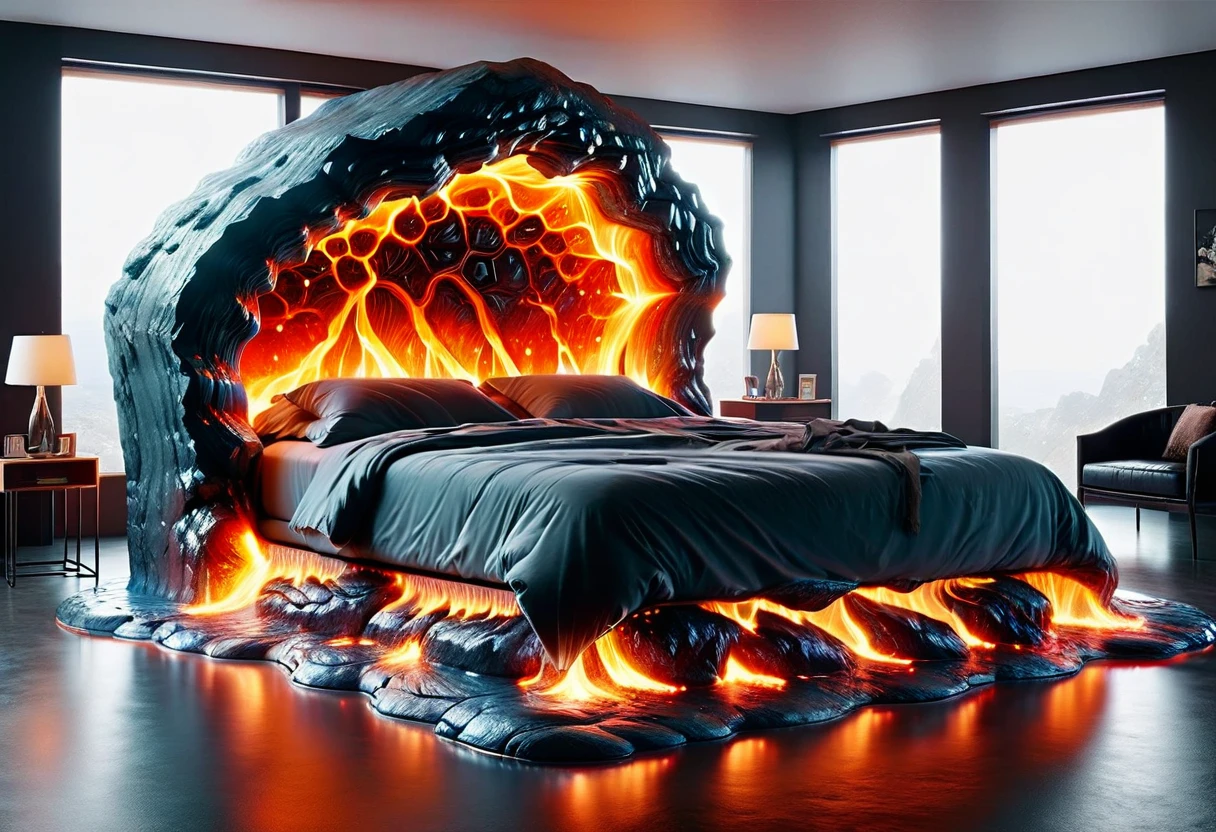 make a modern double bed with the base of incandescent volcanic lava and the headboard in the shape of a giant transparent incandescent stone that covers the bed with the shape of a giant cave projecting above the bed covering the entire bed