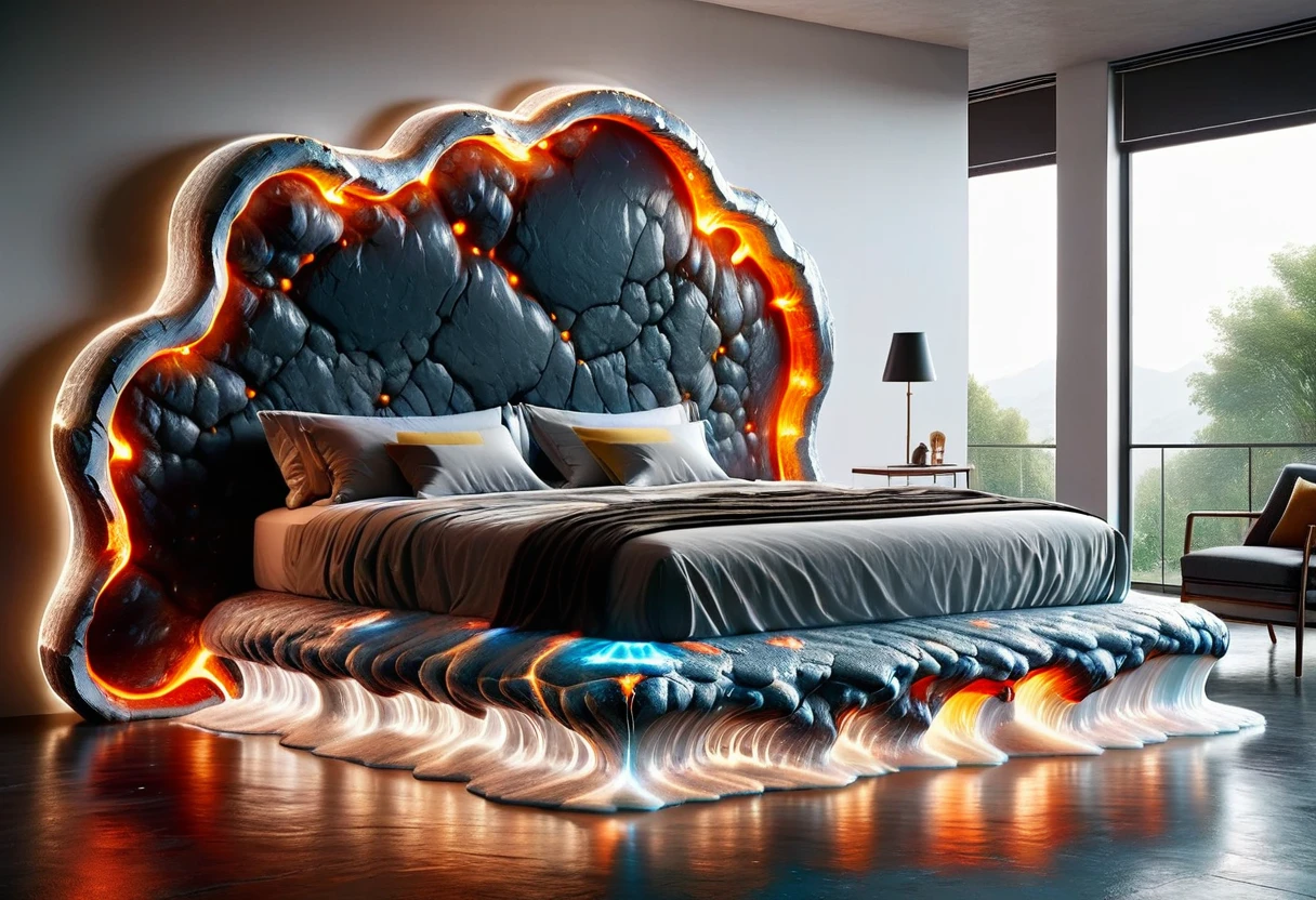 make a modern double bed with the base of incandescent volcanic lava and the headboard in the shape of a giant transparent incandescent stone that covers the bed with the shape of a giant cave projecting above the bed covering the entire bed