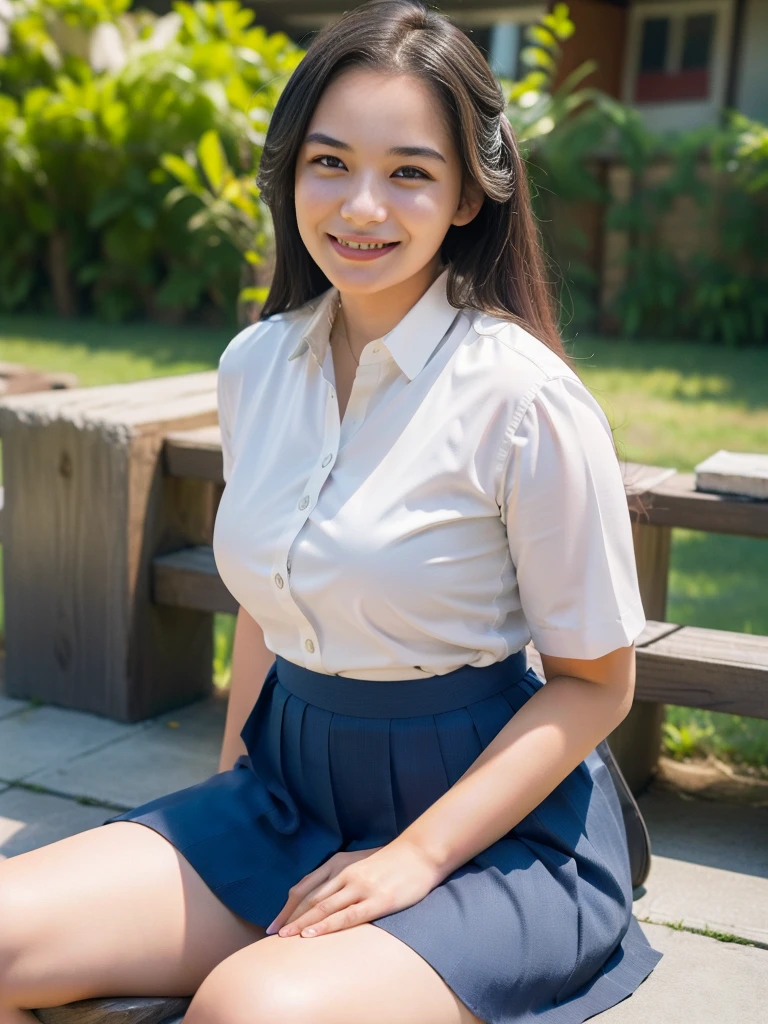 NFSW, Incredibly absurd, realistic face, Cute 15 year old Japan girl, highest quality, I have a slender body shape, ponytail, long hair, bangs, (thin thighs), Artwork high resolution, Allows you to perfectly capture ultra-detailed features, girl painted naked, The focus is on the real eyes, Expressing a smile and embarrassment, (((show nipples))), huge breasts, ((School Uniform Skirt)), overshirt, garden,