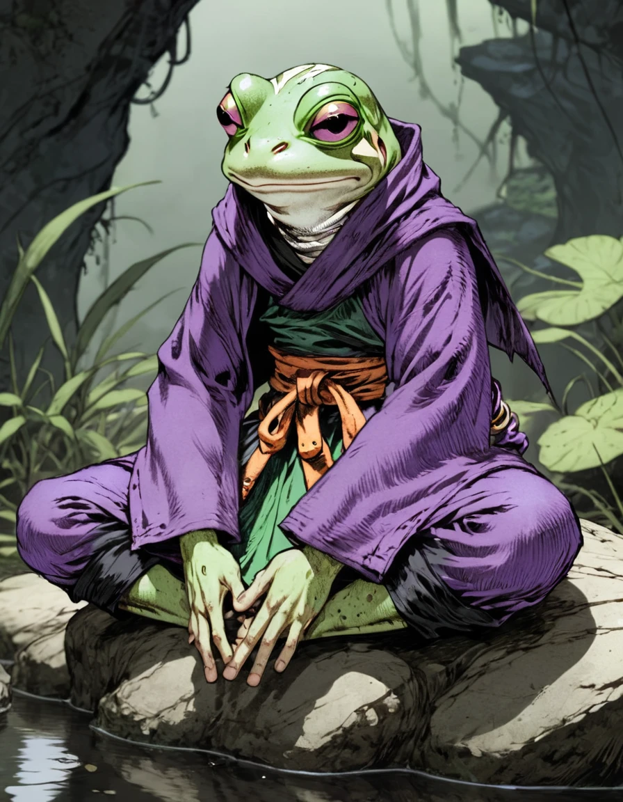 (sketch art, concept art:1.4),(masterpiece rough sketch drawing), best quality, solo closeup, meditating frog monk, purple skin, green eyes, dark outfit, (Akihiko Yoshida Style), high contrast, space theme, grunge, punk rock, swamp, sitting on a rock