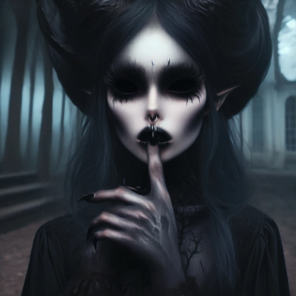 arafed woman with black makeup and black makeup holding a finger to her mouth, scary look, gothic horror vibes, dark art style, dark but detailed digital art, dark and horror style, creepy gothic portrait, gothic girl face, goth woman, gothic face, gothic girl, fantasy dark art, goth girl, black hollow eyes, dark witch, scary style