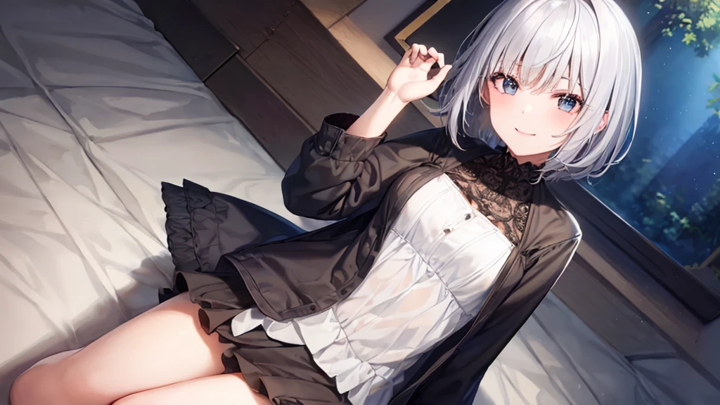 Ultra HD,Look at the viewers, Put your hands behind your back, With a girl, 20-year-old, 非常にShort Hair, Long bangs between the eyes, Pale blue eyes, Very detailed,(masterpiece、Highest quality),Gray Hair、Laughter、Fantastic, Silver Hair, Iris, Short hair、 Fluttering Hair、Small Face、明るいsmile、(Detailed face) ,Professional Lighting,Wonderful landscape,blue sky, sunlight,Looking down from above,Portraiture、Open your mouth、Flower Field、Her eyes were shining、Mysterious and enchanting atmosphere。With AI Painting、とてもShort Hair, Long bangs between the eyes, Very detailed,(masterpiece、Highest quality)、alone、Gray Hair、Fantasy, Silver Hair, Fantasyな風景、smile、Open your mouth、short hair、Short Hair、hairpin、black eye、Grey Eyes、Beautiful Eyes、Black Shirt、White hoodie