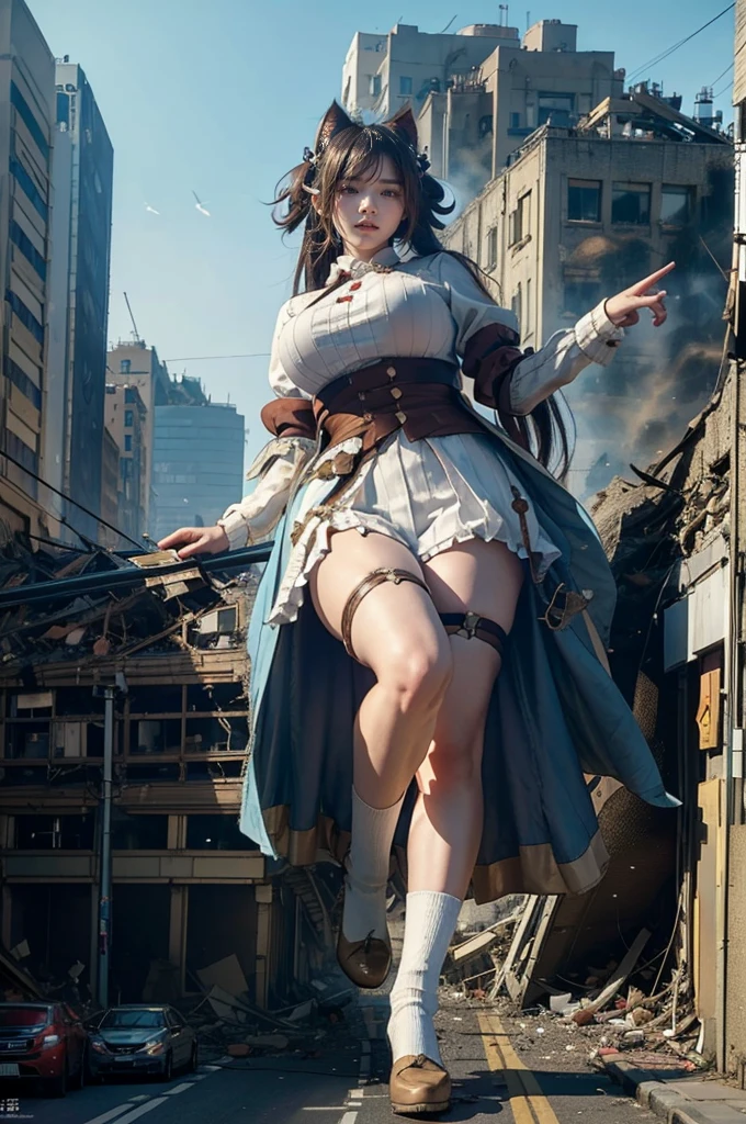looking at the camera、steampunk、Standing on top of a ruined building、Big building explosion、The building collapses、Urban hustle and bustle、Traffic jam、City of Rubble、street tree、Car and bus、truck、taxi、City boulevard、Pedestrian bridge、Streetcar route((((Azur Lane Cheshire Cosplay))))、Frilled maid outfit、((Super huge breasts))、((Plump thighs))、Ground View,City of Giants,500 foot tall giant girl,skyscraper,Has super long legs,Step into the crowd,There are many people on the street,Knee-high socks,A happy look,Standing on the ruins,Beautiful appearance,Exquisite makeup,quality,8k,高quality,Perfect Proportions, Cinema Lighting,Film Grain,The Colors of Fuji,8k,Textured skin,Super Detail,High detail,high quality,High resolution,explode,False Smile、Reaching out