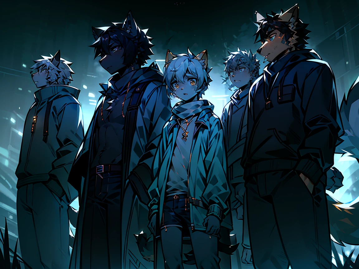 All staff side，walk，Anime style，Dark scene，Large background light source，five characters，The first one：hairy，16 years old，Young Style，Handsome，Bright Eyes，Male wolf，Dark blue hair，White hair on the face，Blue Eyes ，Yellow ear hair，Yellow hair around eyes，Tail blue and white，Gray blue coat，Casual shorts，With a hood，Height 1.6 meters，Calm。The second：hairy，15 years old，Bright Eyes，Lovely，Male cats，White eyes，Golden hair，White hair on face，Yellow and white tail，Grey short-sleeved shorts，casual-style，Height 1.6 meters，Wearing a cape，optimistic。The third：Furry Anthropomorphic，Deep eyes，16 years old，Handsome，Male wolf，Gray-black hair，Big gray tail，Wrapped in a black scarf，Wearing a grey coat，Hands in pockets，trousers，Height 1.7 meters，mysterious，Calm。The fourth：Furry Anthropomorphic，Bright Eyes，15 years old，Lovely，Male cats，White hair all over，White eyes，Height 1.6 meters，There are several black tree-like lines on the face，Blue windbreaker and shorts，The tail is slightly pale white，Calm。Fifth：Male yellowish white fur, 17 years old，blue eyes, White hair (long), Wearing blue shorts and boxer shorts, Casual Clothing, Young Style, Height 1.7 meters, Handsome, Has a tail，Bright Eyes。