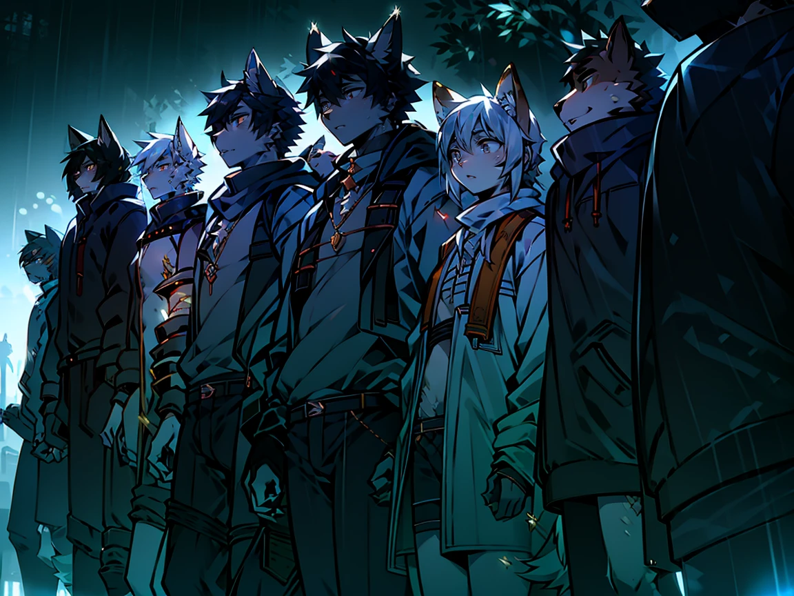 All staff side,walk,Anime style,Dark scene,Large background light source,five characters,The first one:hairy,16 years old,Young Style,Handsome,Bright Eyes,Male wolf,Dark blue hair,White hair on the face,Blue Eyes ,Yellow ear hair,Yellow hair around eyes,Tail blue and white,Gray blue coat,Casual shorts,With a hood,Height 1.6 meters,Calm。The second:hairy,15 years old,Bright Eyes,Lovely,Male cats,White eyes,Golden hair,White hair on face,Yellow and white tail,Grey short-sleeved shorts,casual-style,Height 1.6 meters,Wearing a cape,optimistic。The third:Furry Anthropomorphic,Deep eyes,16 years old,Handsome,Male wolf,Gray-black hair,Big gray tail,Wrapped in a black scarf,Wearing a grey coat,Hands in pockets,trousers,Height 1.7 meters,mysterious,Calm。The fourth:Furry Anthropomorphic,Bright Eyes,15 years old,Lovely,Male cats,White hair all over,White eyes,Height 1.6 meters,There are several black tree-like lines on the face,Blue windbreaker and shorts,The tail is slightly pale white,Calm。Fifth:Male yellowish white fur, 17 years old,blue eyes, White hair (long), Wearing blue shorts and boxer shorts, Casual Clothing, Young Style, Height 1.7 meters, Handsome, Has a tail,Bright Eyes。