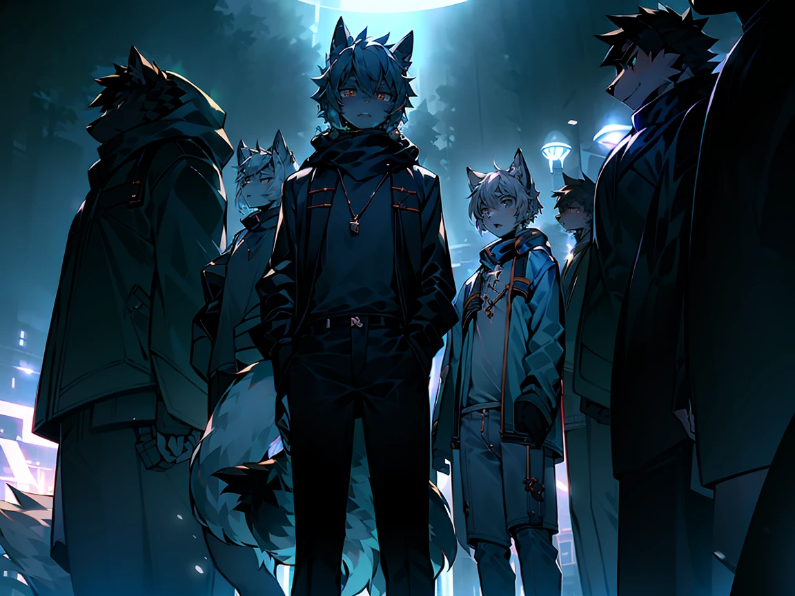 All staff side，walk，Anime style，Dark scene，Large background light source，five characters，The first one：hairy，16 years old，Young Style，Handsome，Bright Eyes，Male wolf，Dark blue hair，White hair on the face，Blue Eyes ，Yellow ear hair，Yellow hair around eyes，Tail blue and white，Gray blue coat，Casual shorts，With a hood，Height 1.6 meters，Calm。The second：hairy，15 years old，Bright Eyes，Lovely，Male cats，White eyes，Golden hair，White hair on face，Yellow and white tail，Grey short-sleeved shorts，casual-style，Height 1.6 meters，Wearing a cape，optimistic。The third：Furry Anthropomorphic，Deep eyes，16 years old，Handsome，Male wolf，Gray-black hair，Big gray tail，Wrapped in a black scarf，Wearing a grey coat，Hands in pockets，trousers，Height 1.7 meters，mysterious，Calm。The fourth：Furry Anthropomorphic，Bright Eyes，15 years old，Lovely，Male cats，White hair all over，White eyes，Height 1.6 meters，There are several black tree-like lines on the face，Blue windbreaker and shorts，The tail is slightly pale white，Calm。Fifth：Male yellowish white fur, 17 years old，blue eyes, White hair (long), Wearing blue shorts and boxer shorts, Casual Clothing, Young Style, Height 1.7 meters, Handsome, Has a tail，Bright Eyes。