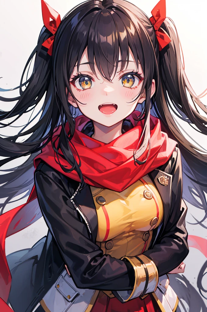 ((best quality)), portrait, one side up, long hair, black hair, stupid hair, passionate fool, girl, medium breasts, Laugh loudly and energetically, golden eyes, red cloth scarf, Black Jacket, hero, Arms crossed, 1 person