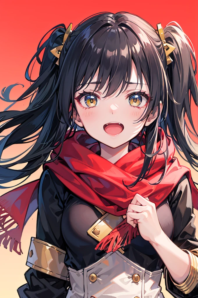 ((best quality)), portrait, one side up, long hair, black hair, stupid hair, passionate fool, girl, medium breasts, Laugh loudly and energetically, golden eyes, red cloth scarf, Black Jacket, hero, Arms crossed, 1 person