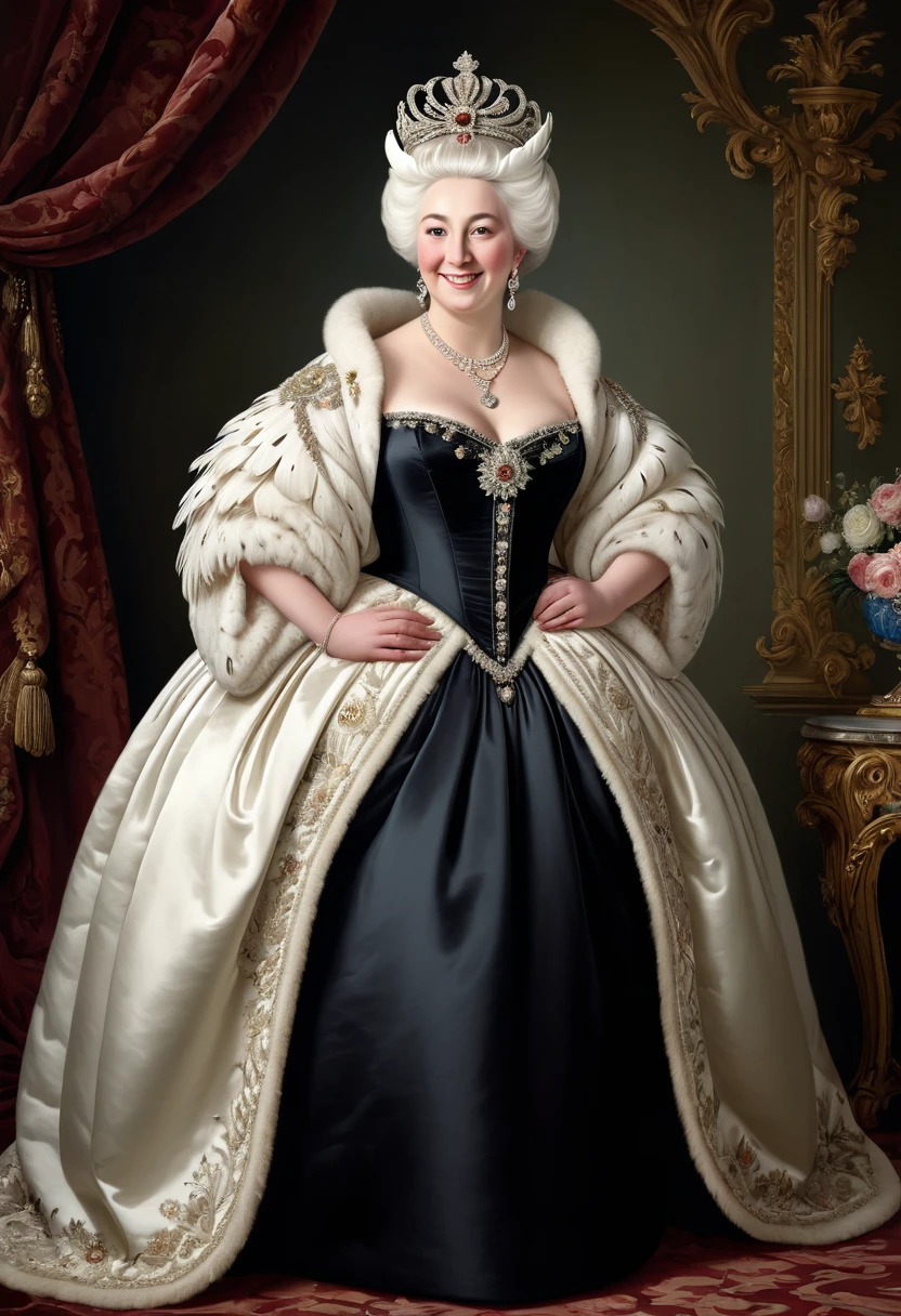 photorealistic portrait of Dressed animals - a ((fat)) (white owl) princess, (furry),(full body image:1.5),(elegant pose:1.5) Wearing luxury sack-back gown,(wearing luxury tiara),(hands on hips:1.5),(happy),(smile:1.5), Old-fashioned luxury loyal black dress, detailed and opulent description of a loyal aristocratic sack-back gown in Rococo , emphasizing luxurious fabrics, intricate embroidery, and ornate accessories, Rococo style king palace  background,(looking at viewer:1.5),score_9, score_8_up, score_7_up, score_6_up, score_5_up, score_4_up,