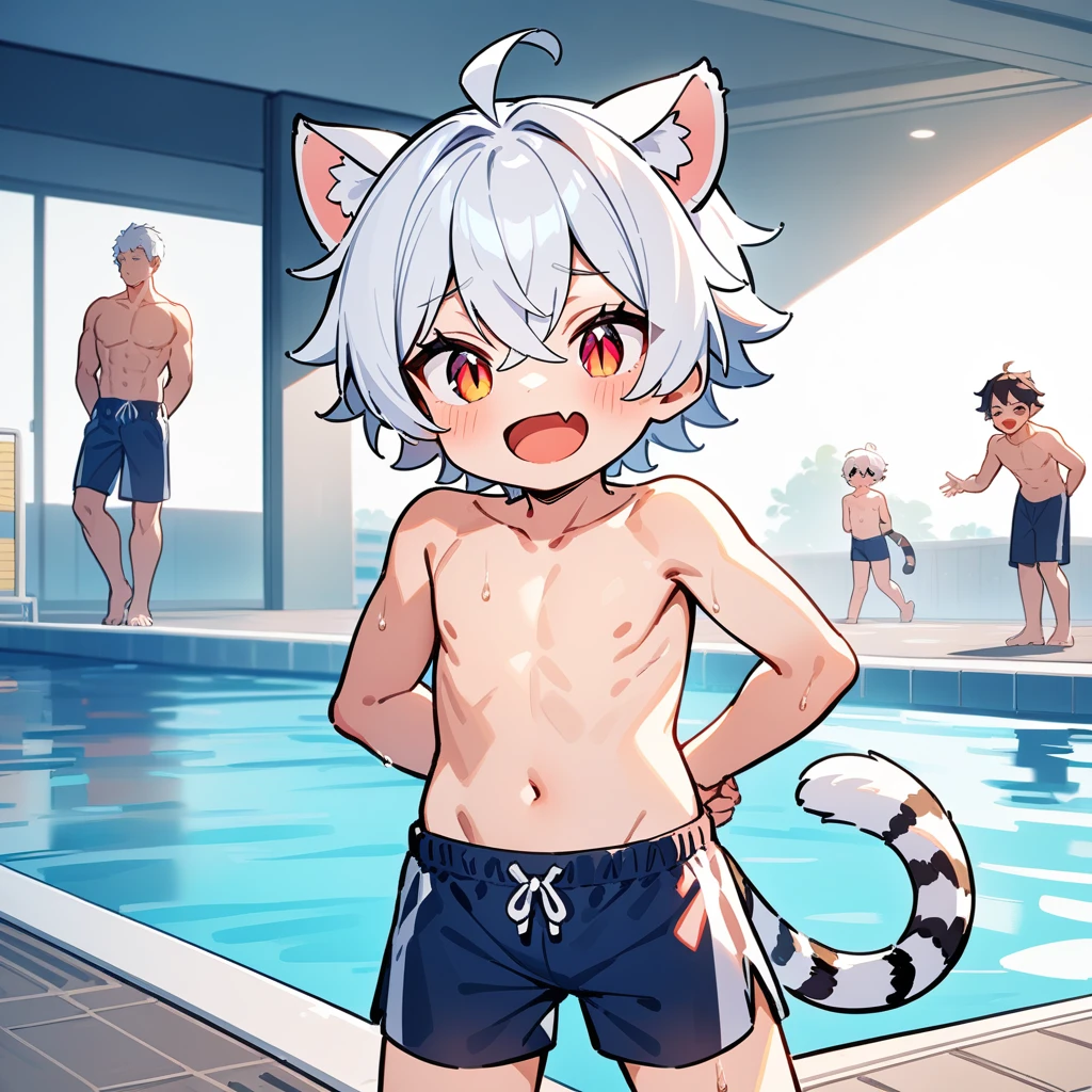 （masterpiece：1.2，high quality），4K，High resolution，A -year boy，e boy， white hair，short hair，crossed bangs，red eyes，slit pupils， ahoge，cat ears，laughing，skin fang，no sports top，Topless，dark blue swimming trunks，Standing in the pool，primary sche，tiger tail，((Hands behind your back))