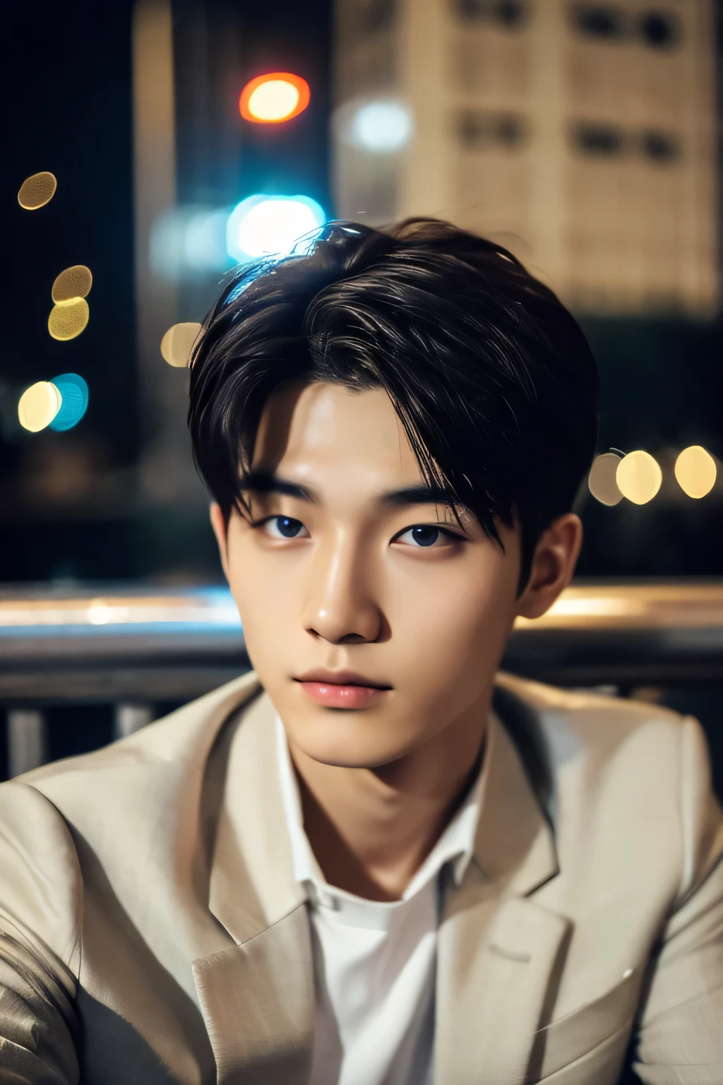 Highest quality, masterpiece, Ultra-high resolution, (Realistic: 1.4), Original photo, wallpaper, Head Photo, skin, Simple Background, Iris, detailed, Selfie, 1 boy, 18-year-old, good looking, Wind,night、suit