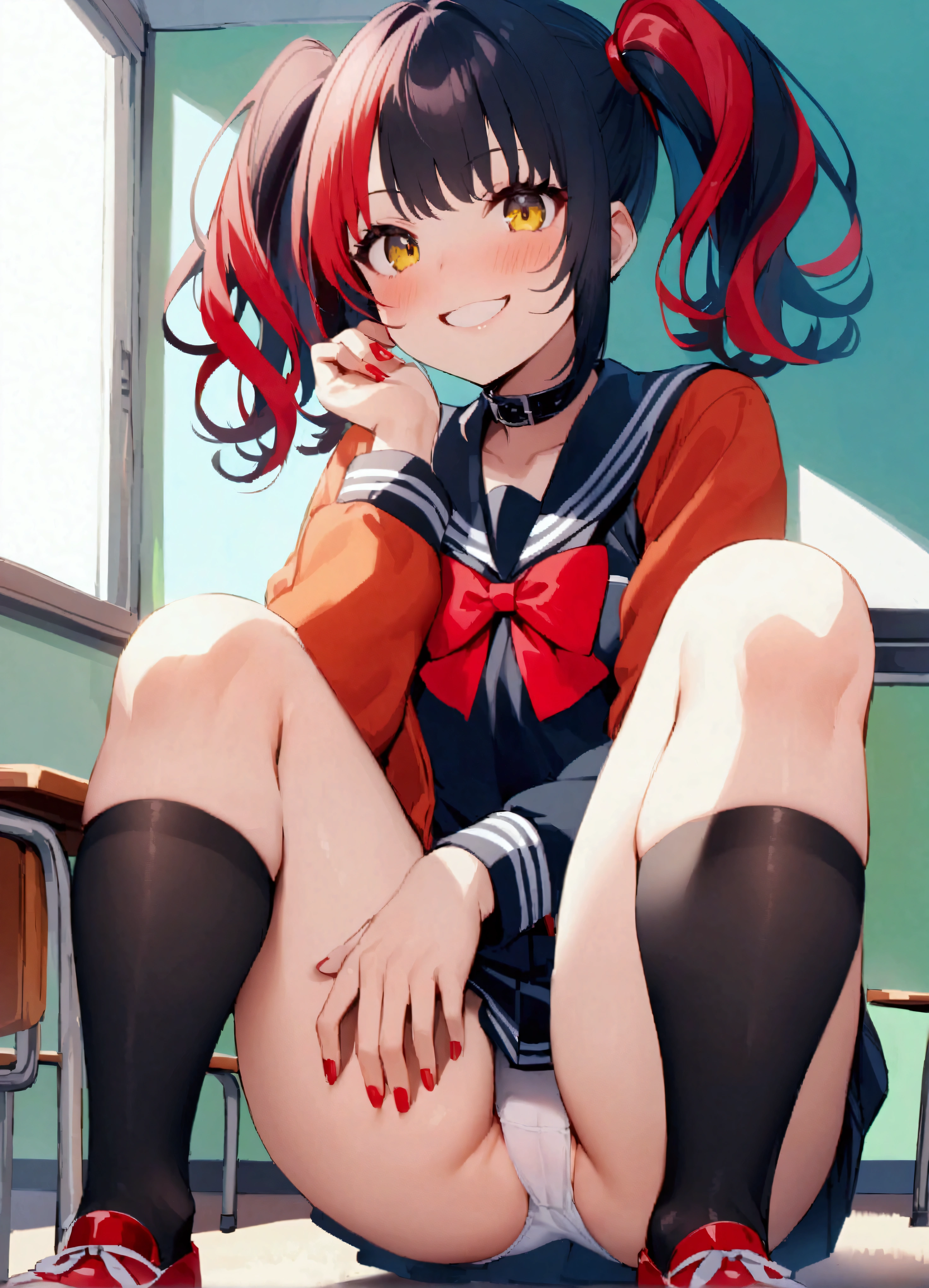 Sei Shonagon、One person、solo、Yellow Eyes、Twin tails、solo、Blue Hair、マルチカラーRed hair、Black Hair、Red hair、Jacket、collar、Sailor suit、Sailor collar、A bow tie、Red ribbon、band、Black socks、Knee socks、Red footwear、Manicure BREAK、Upper Body、Bright classroom、(squat、Leg spread)、Spread your legs、Wicked Smile、Panty shot、Headrest、Focus on the groin