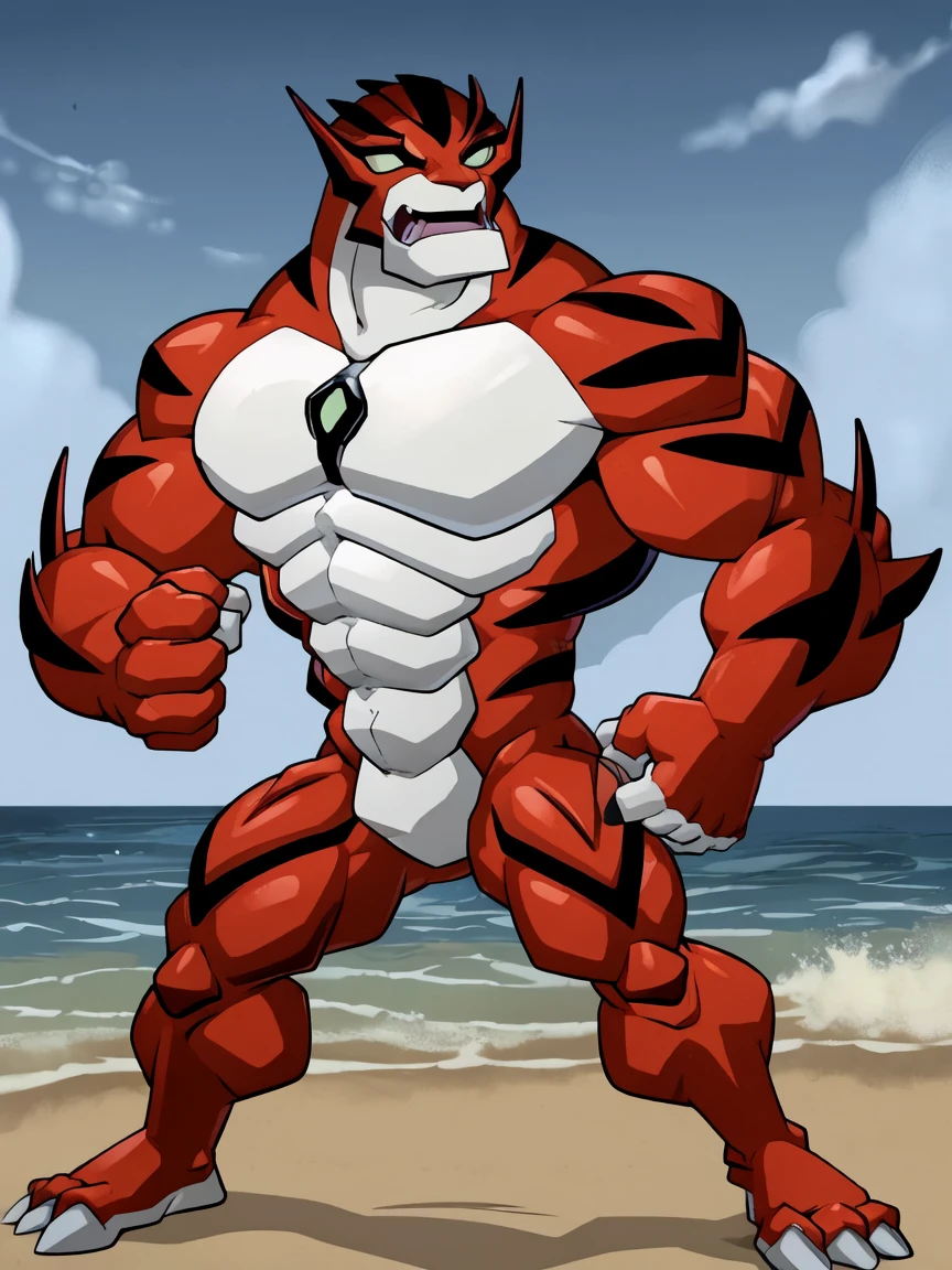 A cartoon image of a character standing on a beach, ((Brightened body)), dynamic pose, commission for high resolution, Rath (Ben 10), muscular, muscular male, muscular anthro, by Maldu, 2D art, ((topless, bottomless)).