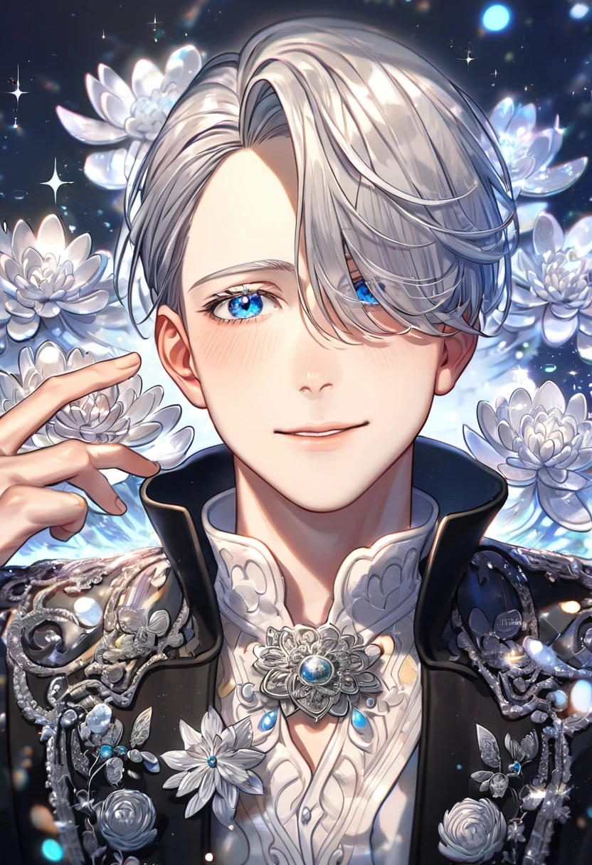 absurdres, highres, ultra detailed, HDR, master piece, best quality, extremely detailed, Victor Nikiforov, silver hair, expressive blue eyes, hair over the right eye, Yuri On Ice, solo, sexy man, handsome, smile, black coat, white sweater, fantasy, water, sparkling, silver glittering fireflies, silver moon, silver blossoms, silver chrysanthemums, silver sparkling lights, starry sky, magical