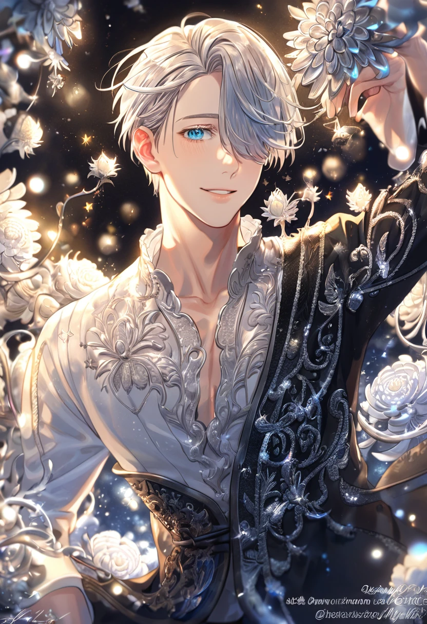 absurdres, highres, ultra detailed, HDR, master piece, best quality, extremely detailed, Victor Nikiforov, silver hair, expressive blue eyes, hair over the right eye, Yuri On Ice, solo, sexy man, handsome, smile, black coat, white sweater, fantasy, water, sparkling, silver glittering fireflies, silver moon, silver blossoms, silver chrysanthemums, silver sparkling lights, starry sky, magical