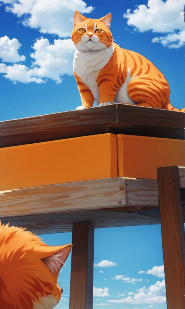 fat orange cat reward, outdoor, blue sky, cloud day, day,