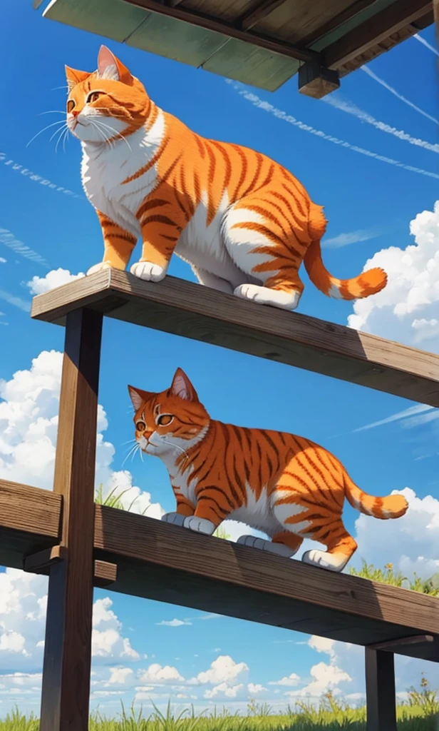 fat orange cat reward, outdoor, blue sky, cloud day, day,