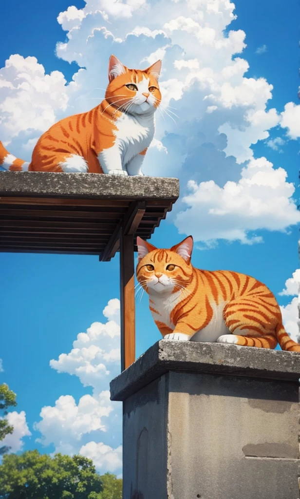 fat orange cat reward, outdoor, blue sky, cloud day, day,