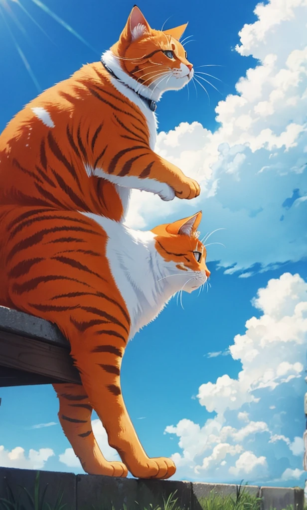 fat orange cat reward, outdoor, blue sky, cloud day, day,