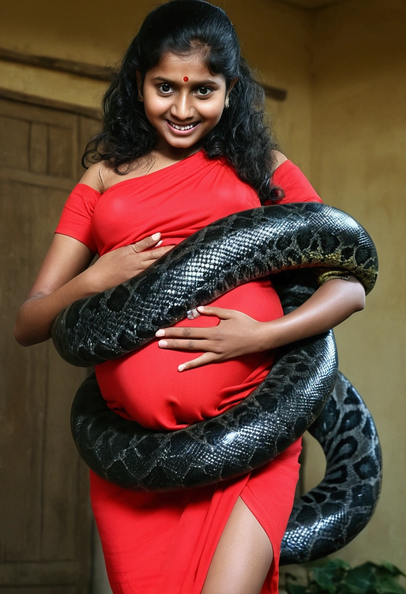 Pregnant Happy Horny, aroused 1girl), beautiful indian young girl wearing red thong with giant colossal black titanboa monster squeezing her hard, wrapped in thick spiraling coils, constricted, struggle, gasping for air, snake attack, snake peril,