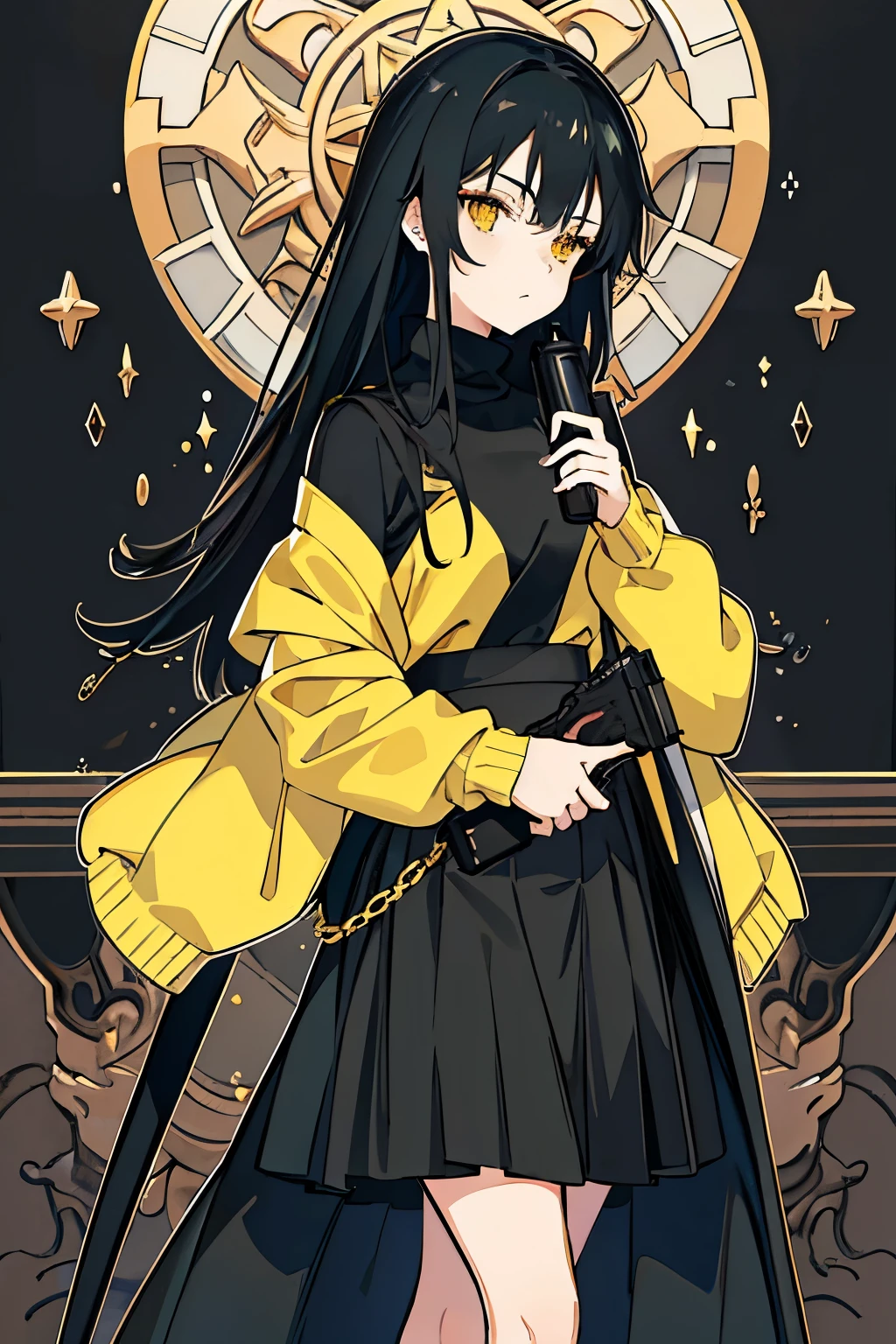 A girl, with long black hair, yellow eyes, wearing black sweater, wearing gray skirt, with serious on her face, posing looking at camera with her body turned around, holding gun, elegant, beautiful, enchanted to everyone who saw her, HD picture, good AI art, NO BLUR PICTURE.