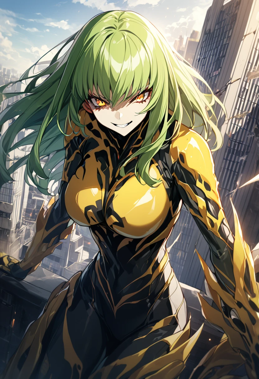 1 girl, yellow symbiote with red details, beautiful girl, large breasted, gold eyes, green haired, top of a building, natta, cruel smile