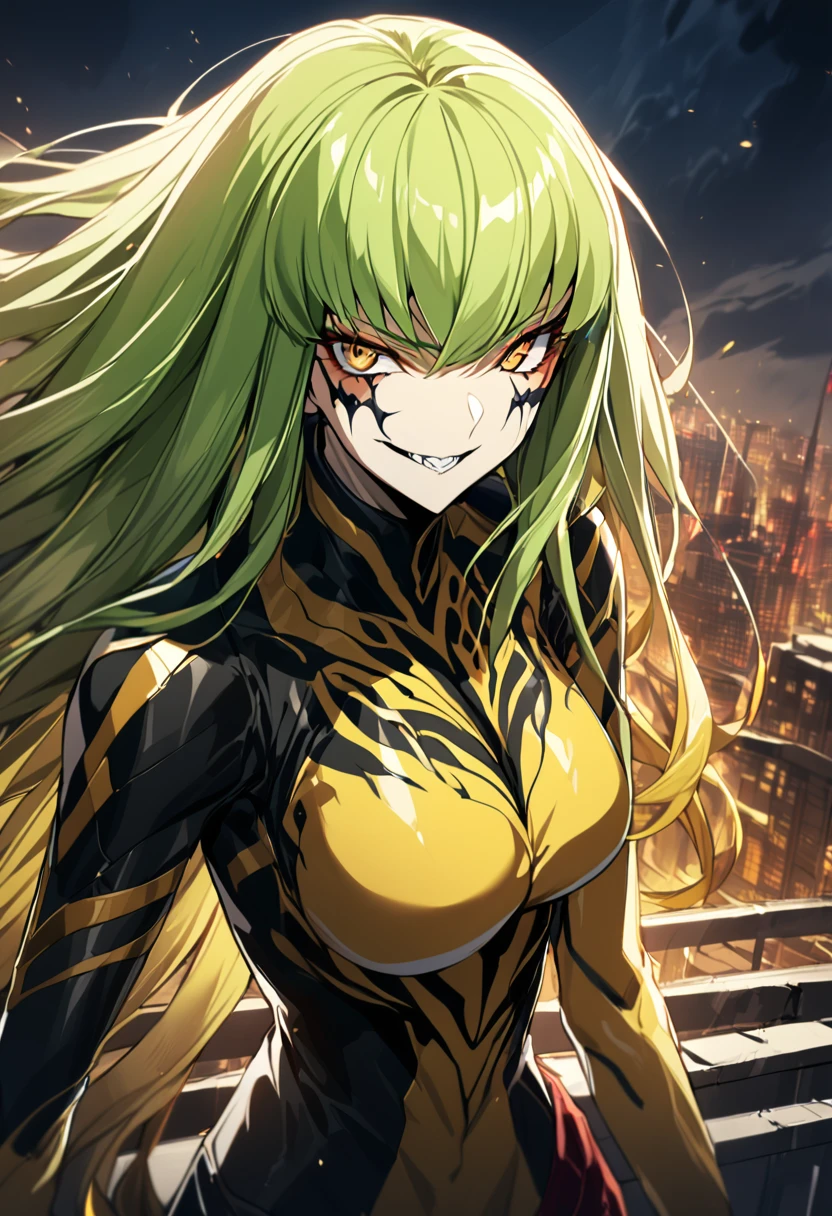 1 girl, yellow symbiote with red details, beautiful girl, large breasted, gold eyes, green haired, top of a building, natta, cruel smile