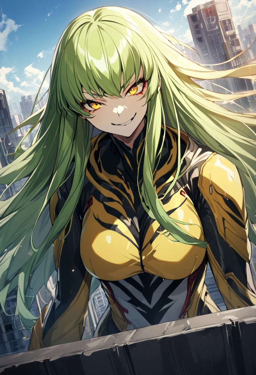 1 girl, yellow symbiote with red details, beautiful girl, large breasted, gold eyes, green haired, top of a building, natta, cruel smile