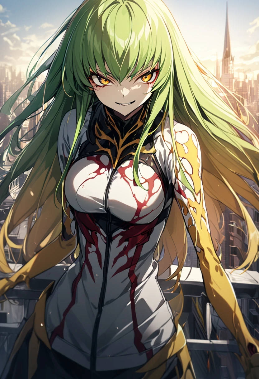 1 girl, yellow symbiote with red details, beautiful girl, large breasted, gold eyes, green haired, top of a building, natta, cruel smile